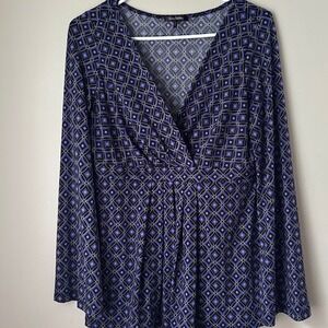 Y2K Daisy Fuentes Women's Purple Geometric  Long Sleeve Babydoll Top Boho Indie